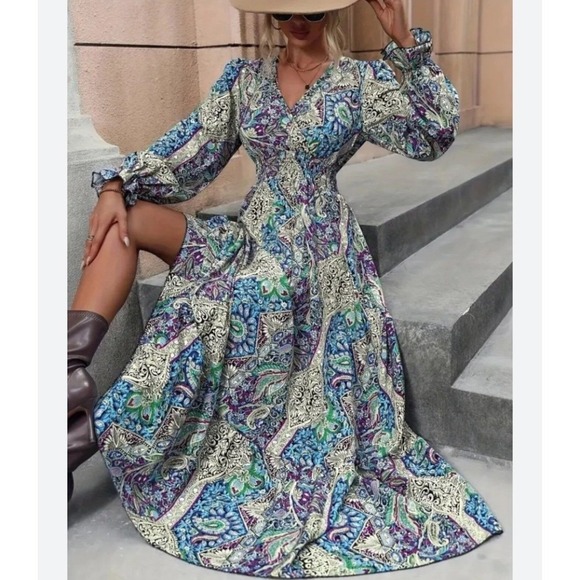 Boho Paisley Print V-Neck Maxi Dress Blue Purple Smocked Waist Tiered - Picture 2 of 12